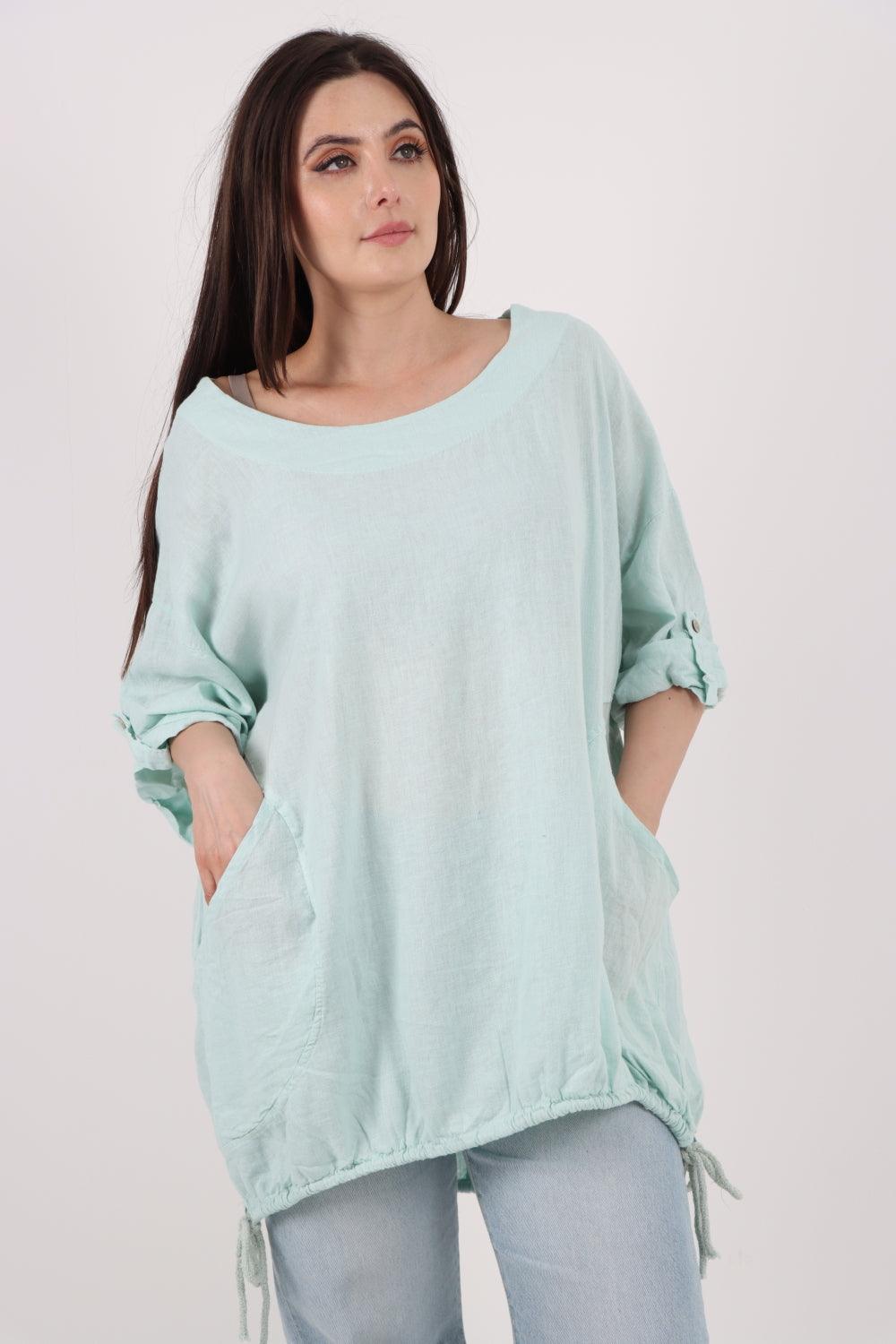 Gathered Hem Round Neck Linen Top - Lashra Fashion