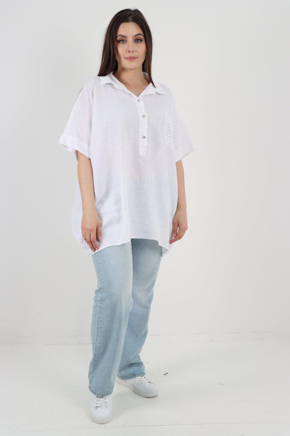 Mesh Net Pocket Linen Tunic Top - Lashra Fashion