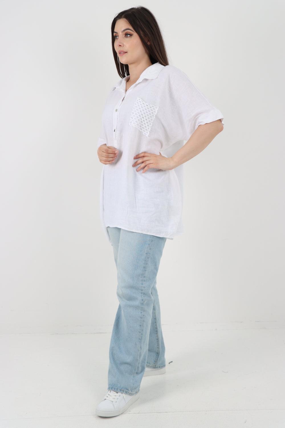 Mesh Net Pocket Linen Tunic Top - Lashra Fashion