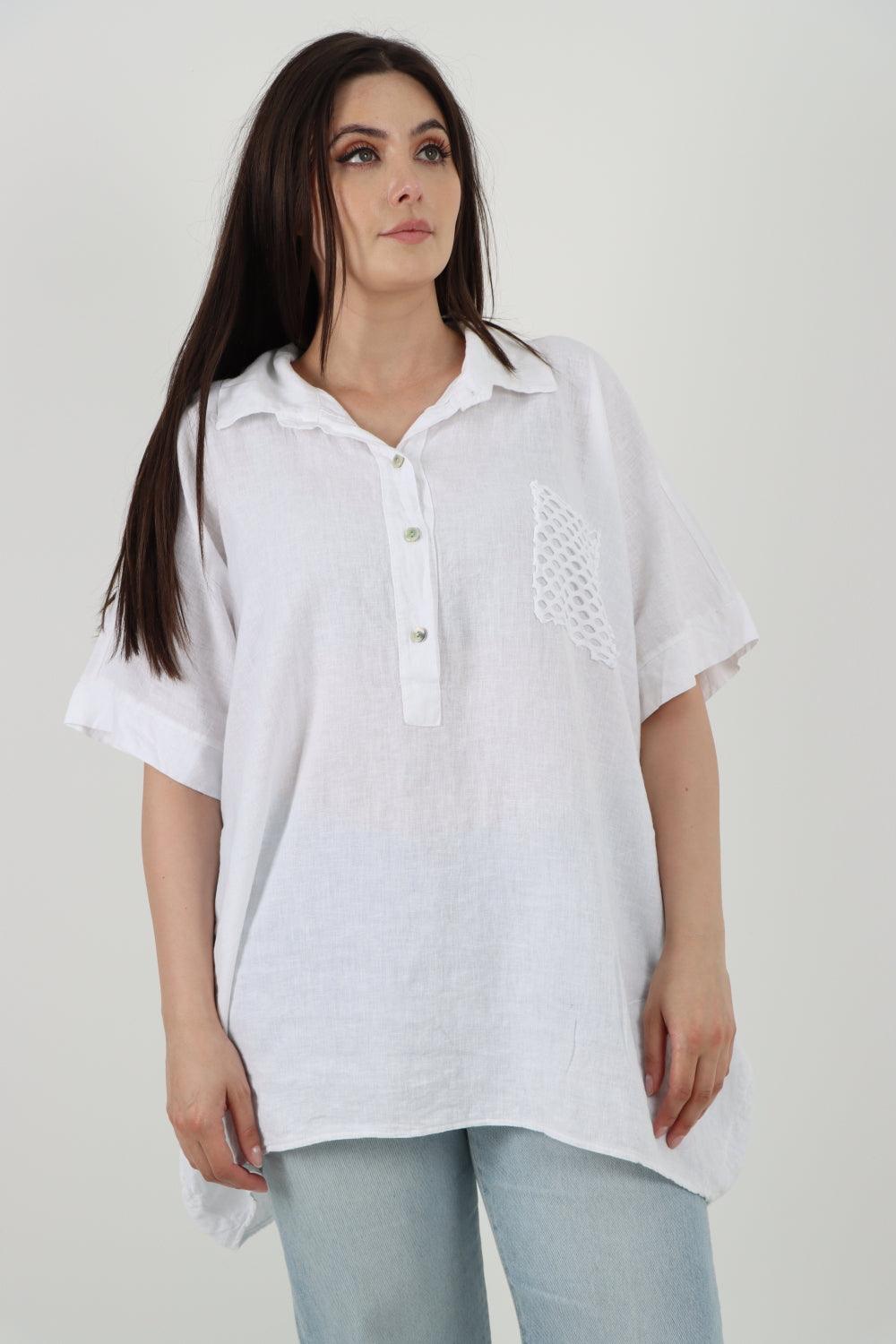 Mesh Net Pocket Linen Tunic Top - Lashra Fashion