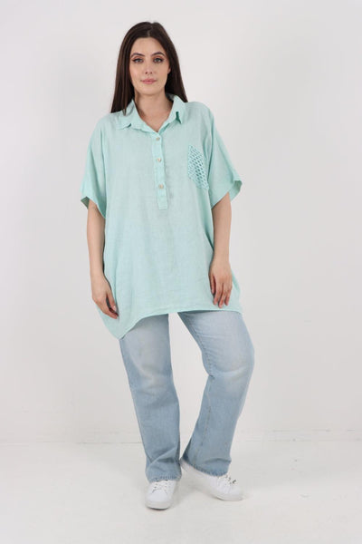 Mesh Net Pocket Linen Tunic Top - Lashra Fashion