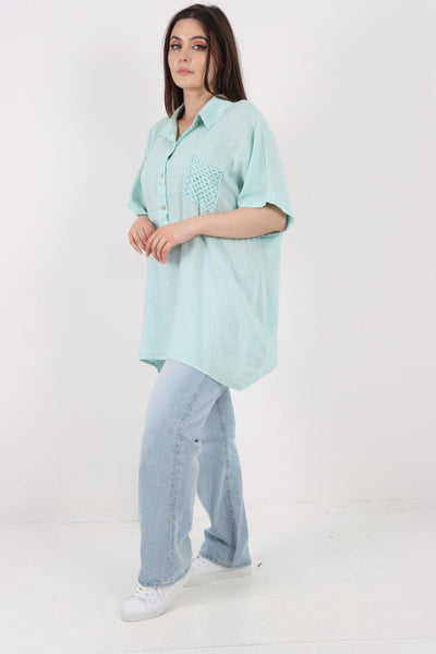 Mesh Net Pocket Linen Tunic Top - Lashra Fashion