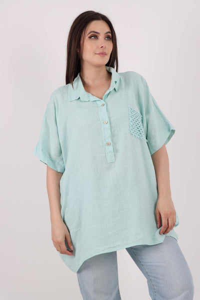 Mesh Net Pocket Linen Tunic Top - Lashra Fashion