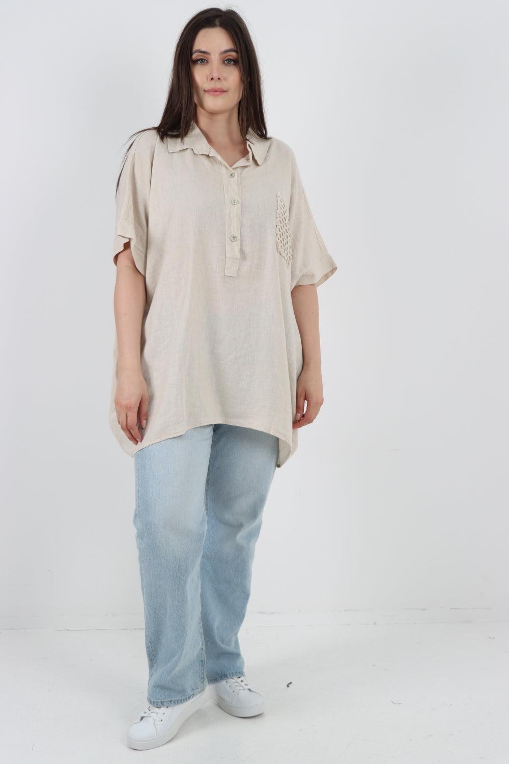 Mesh Net Pocket Linen Tunic Top - Lashra Fashion