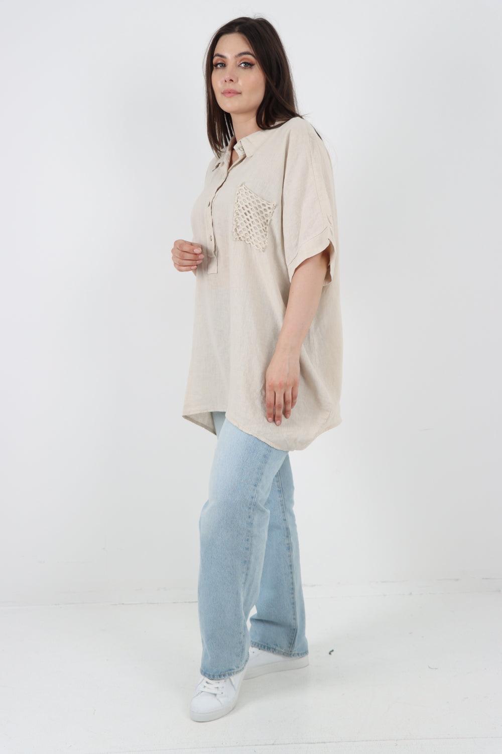 Mesh Net Pocket Linen Tunic Top - Lashra Fashion