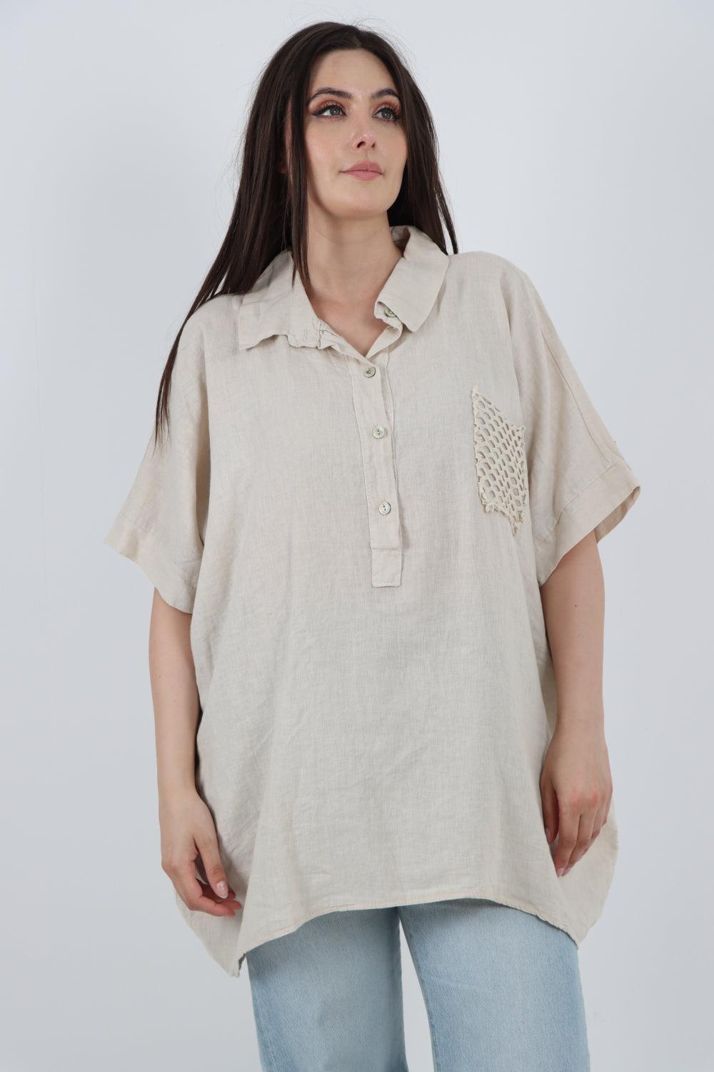 Mesh Net Pocket Linen Tunic Top - Lashra Fashion