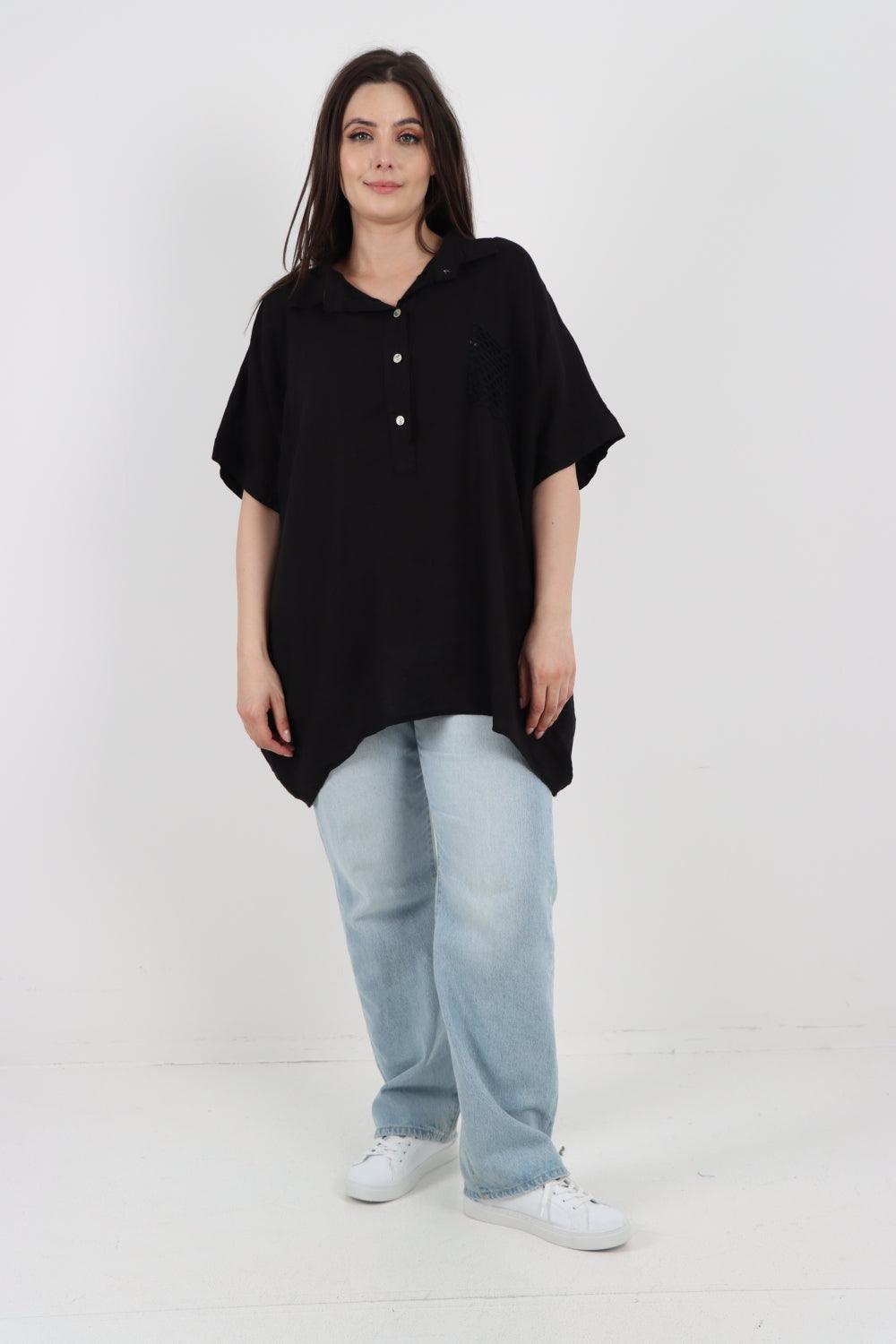 Mesh Net Pocket Linen Tunic Top - Lashra Fashion