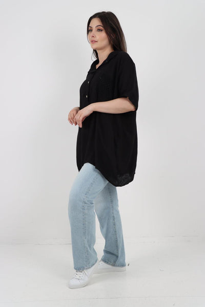 Mesh Net Pocket Linen Tunic Top - Lashra Fashion