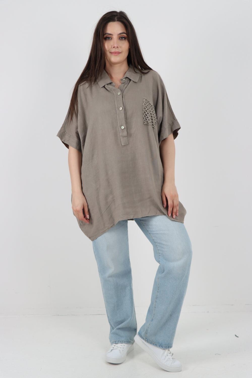 Mesh Net Pocket Linen Tunic Top - Lashra Fashion