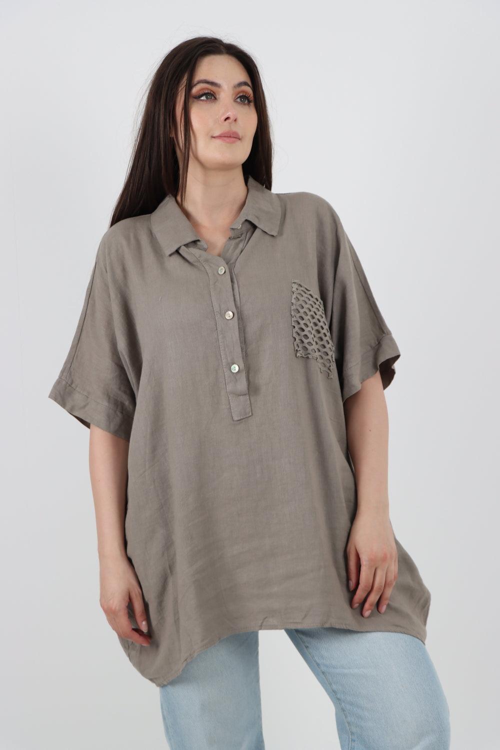 Mesh Net Pocket Linen Tunic Top - Lashra Fashion