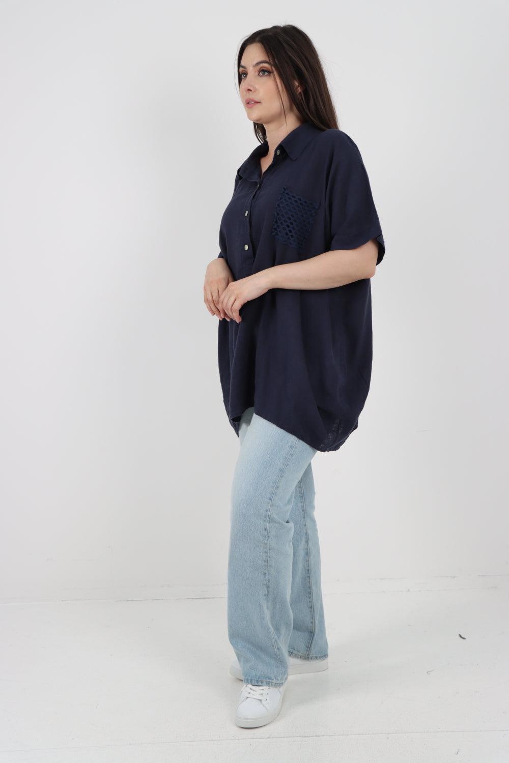 Mesh Net Pocket Linen Tunic Top - Lashra Fashion