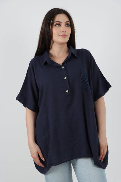 Mesh Net Pocket Linen Tunic Top - Lashra Fashion