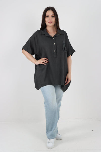 Mesh Net Pocket Linen Tunic Top - Lashra Fashion