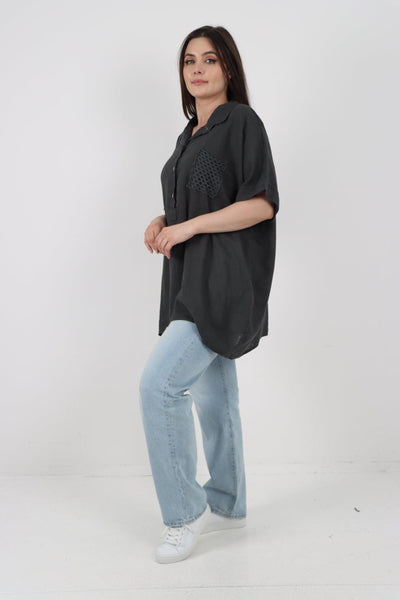 Mesh Net Pocket Linen Tunic Top - Lashra Fashion