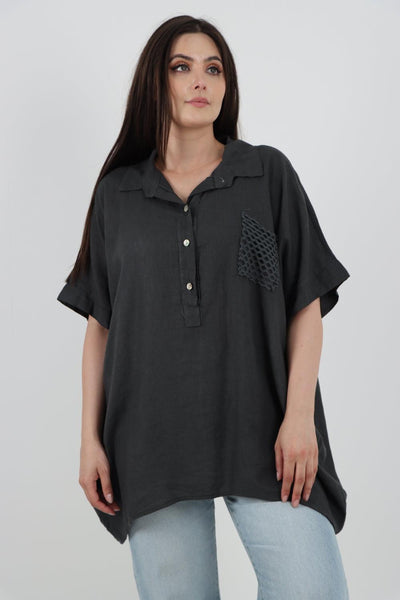 Mesh Net Pocket Linen Tunic Top - Lashra Fashion