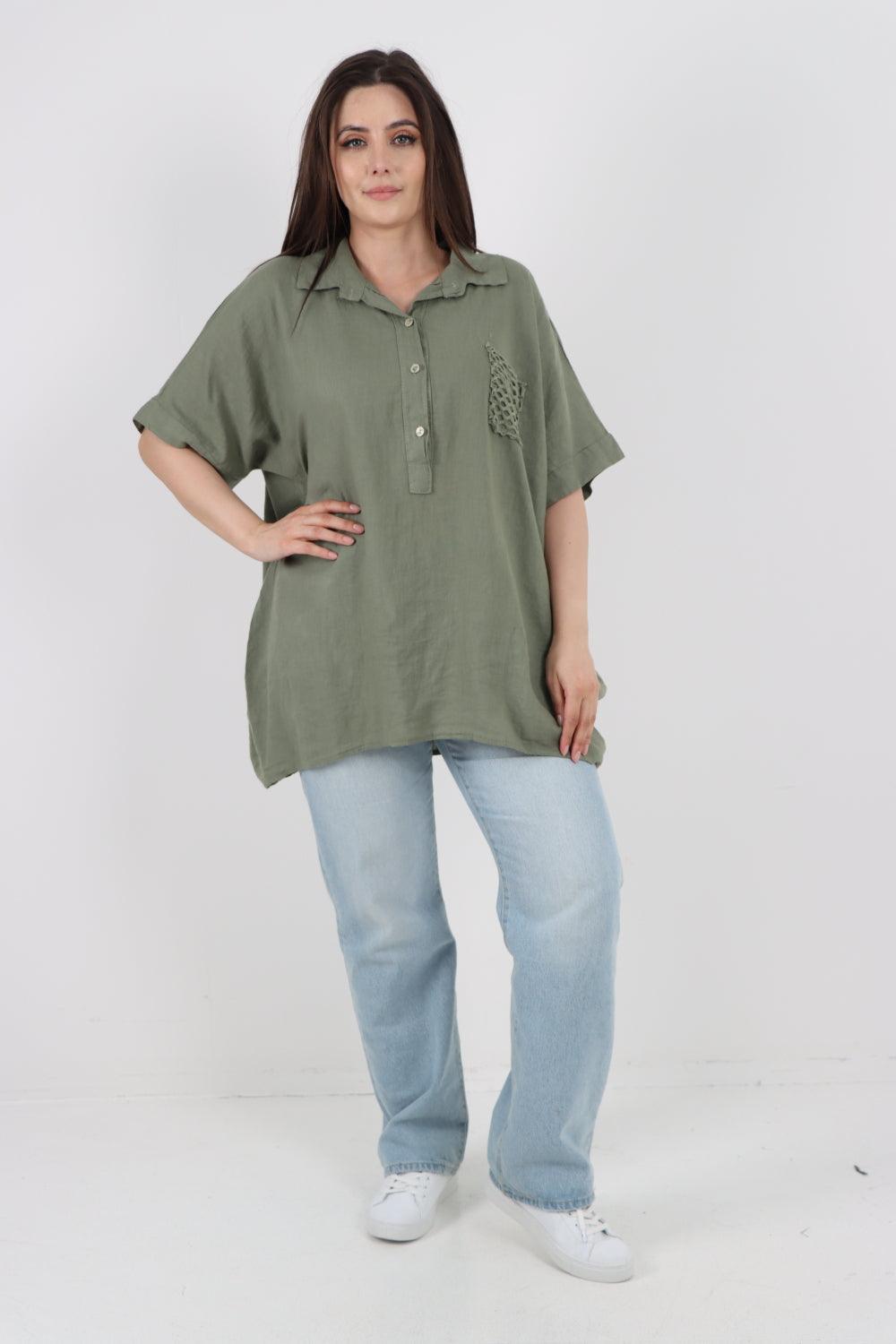 Mesh Net Pocket Linen Tunic Top - Lashra Fashion