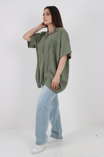 Mesh Net Pocket Linen Tunic Top - Lashra Fashion