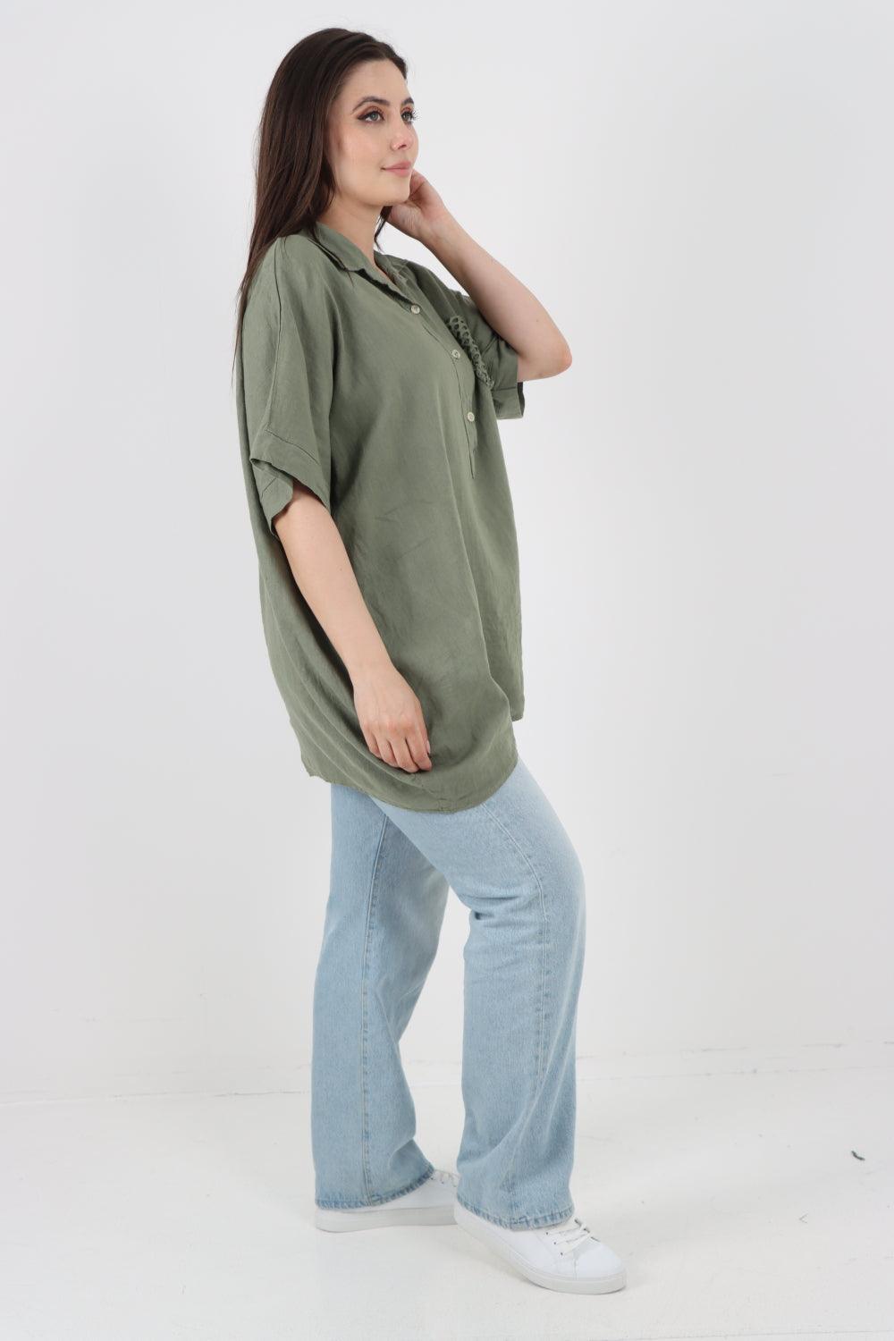 Mesh Net Pocket Linen Tunic Top - Lashra Fashion