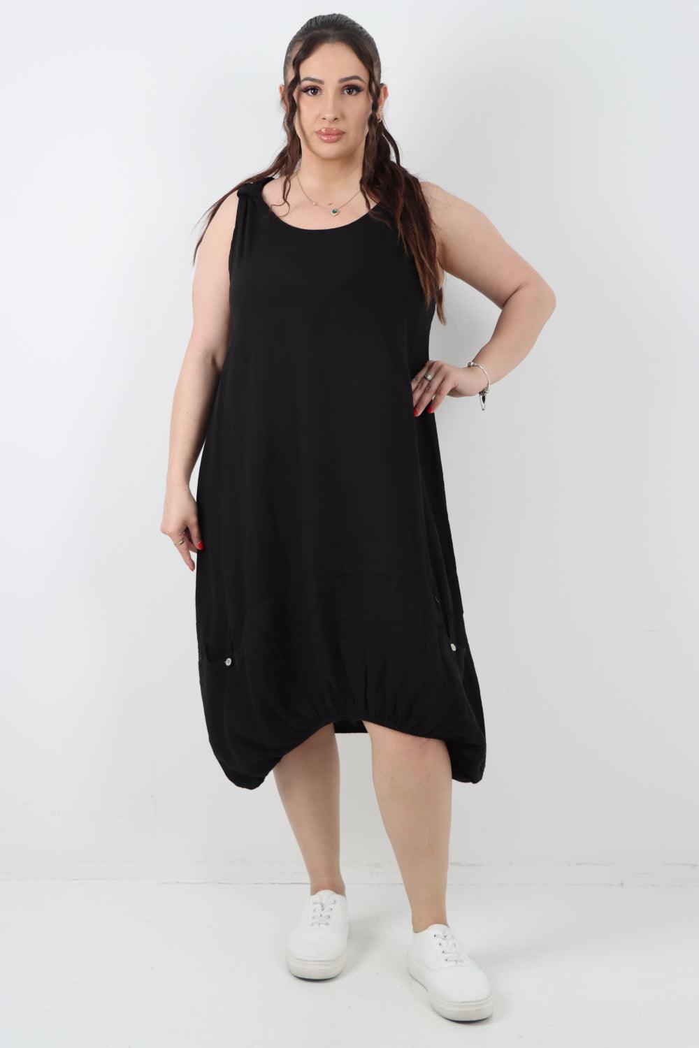 Button Pockets Linen Vest Midi Dress - Lashra Fashion