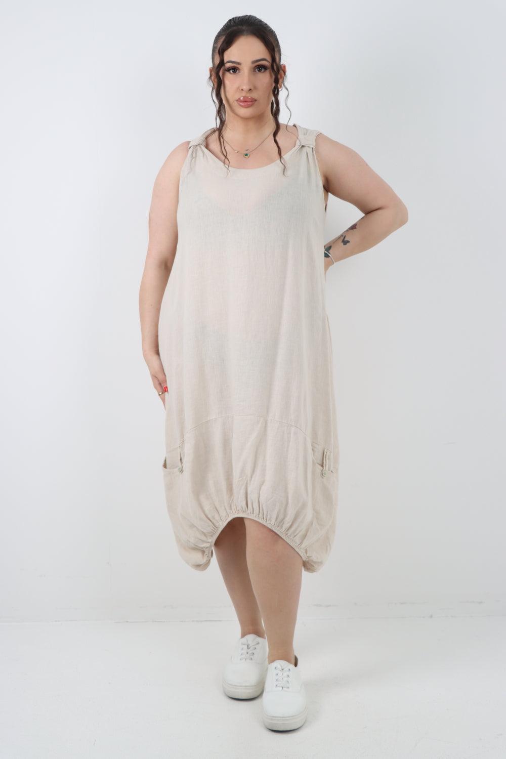 Button Pockets Linen Vest Midi Dress - Lashra Fashion