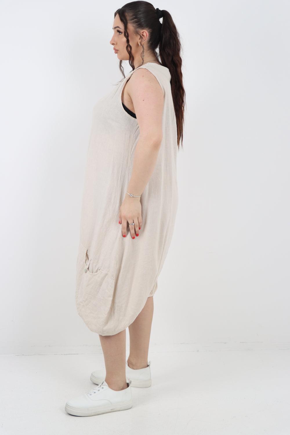 Button Pockets Linen Vest Midi Dress - Lashra Fashion