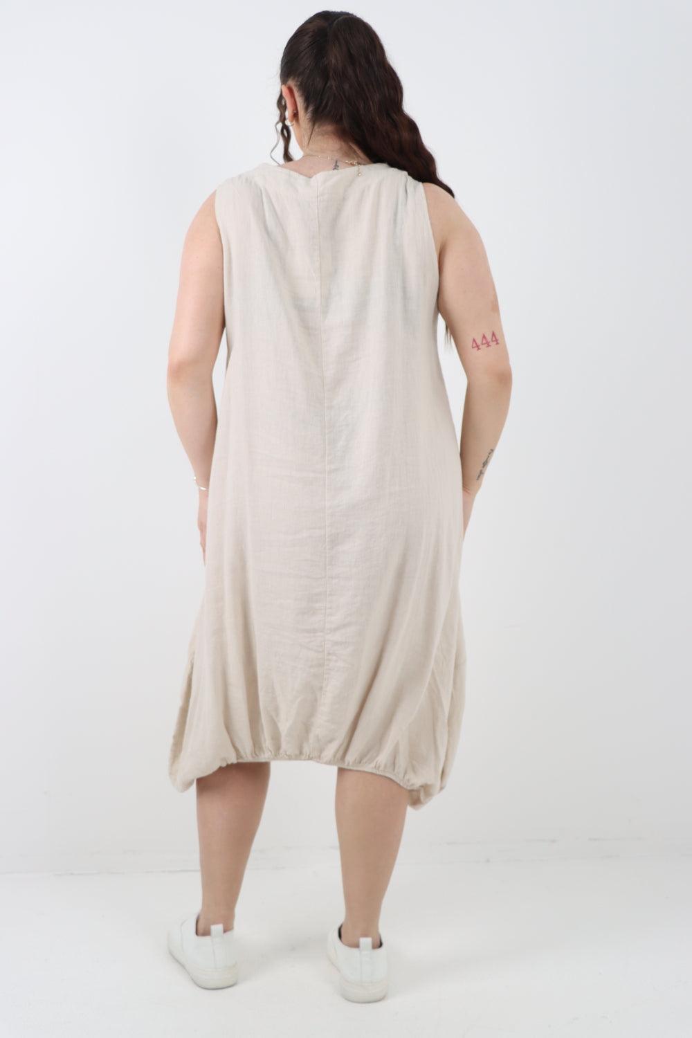 Button Pockets Linen Vest Midi Dress - Lashra Fashion