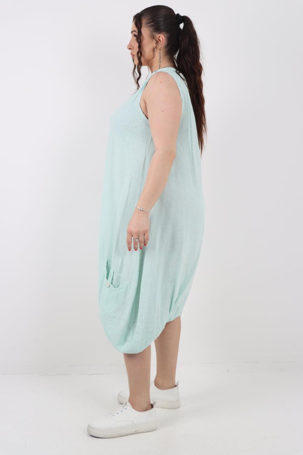 Button Pockets Linen Vest Midi Dress - Lashra Fashion