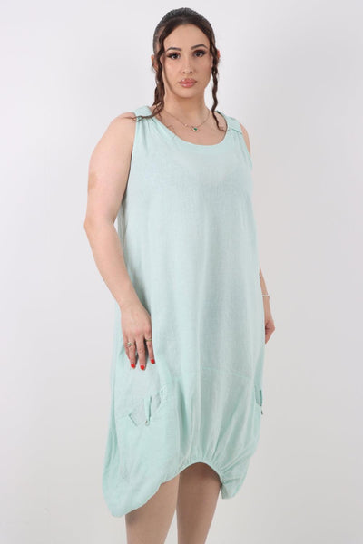 Button Pockets Linen Vest Midi Dress - Lashra Fashion