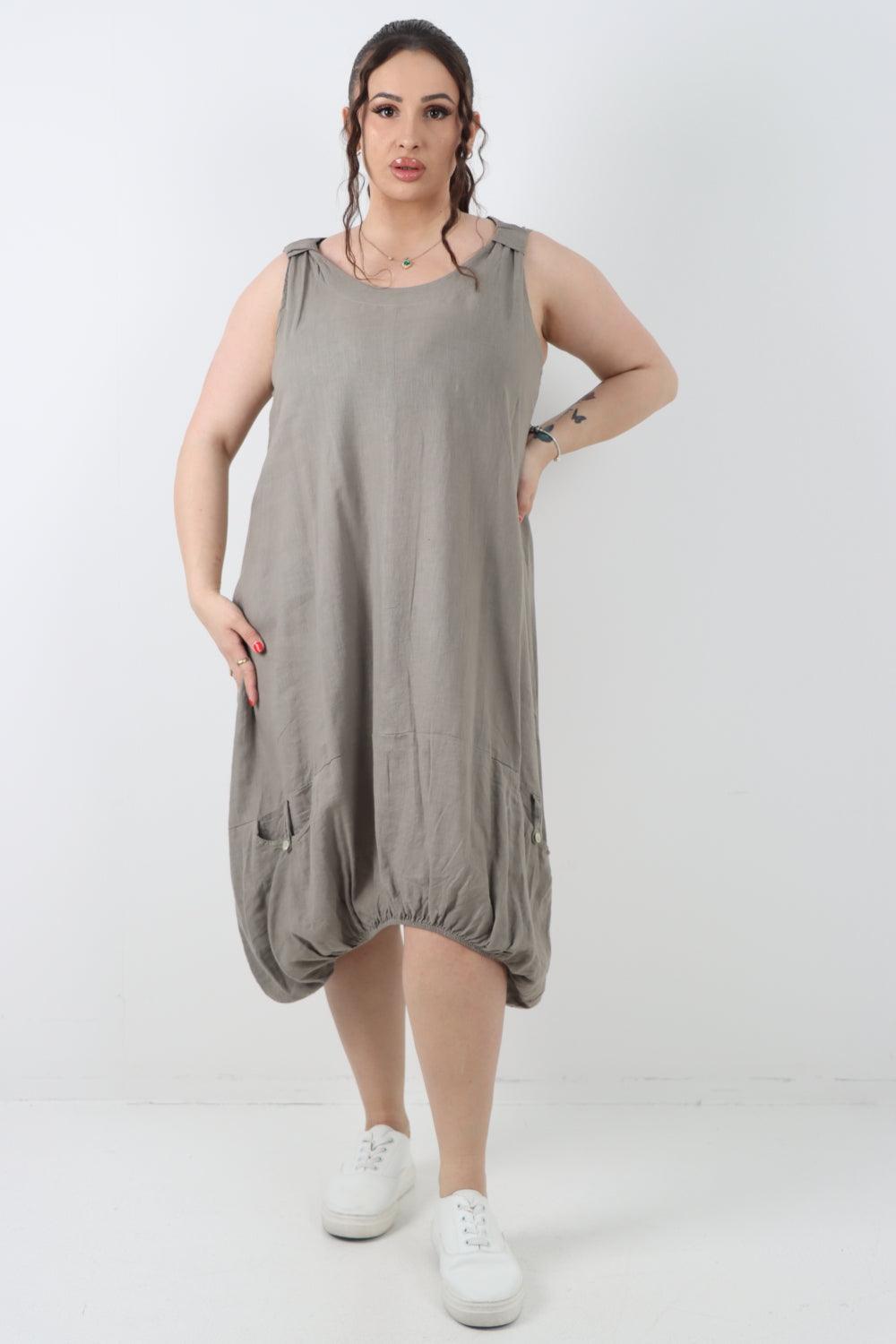 Button Pockets Linen Vest Midi Dress - Lashra Fashion