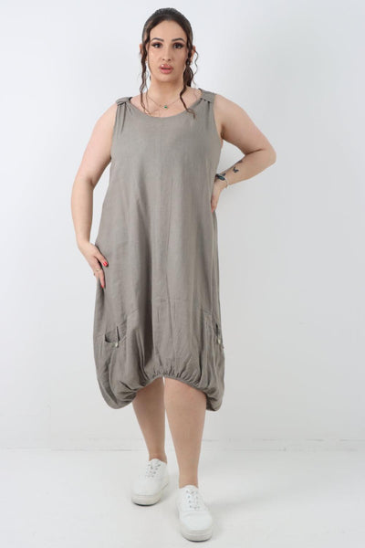 Button Pockets Linen Vest Midi Dress - Lashra Fashion