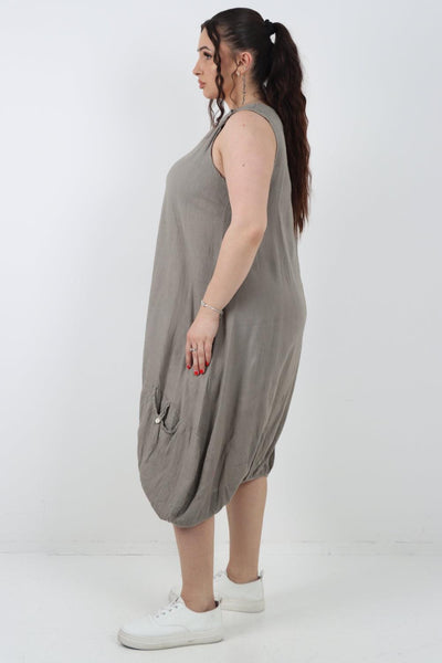 Button Pockets Linen Vest Midi Dress - Lashra Fashion