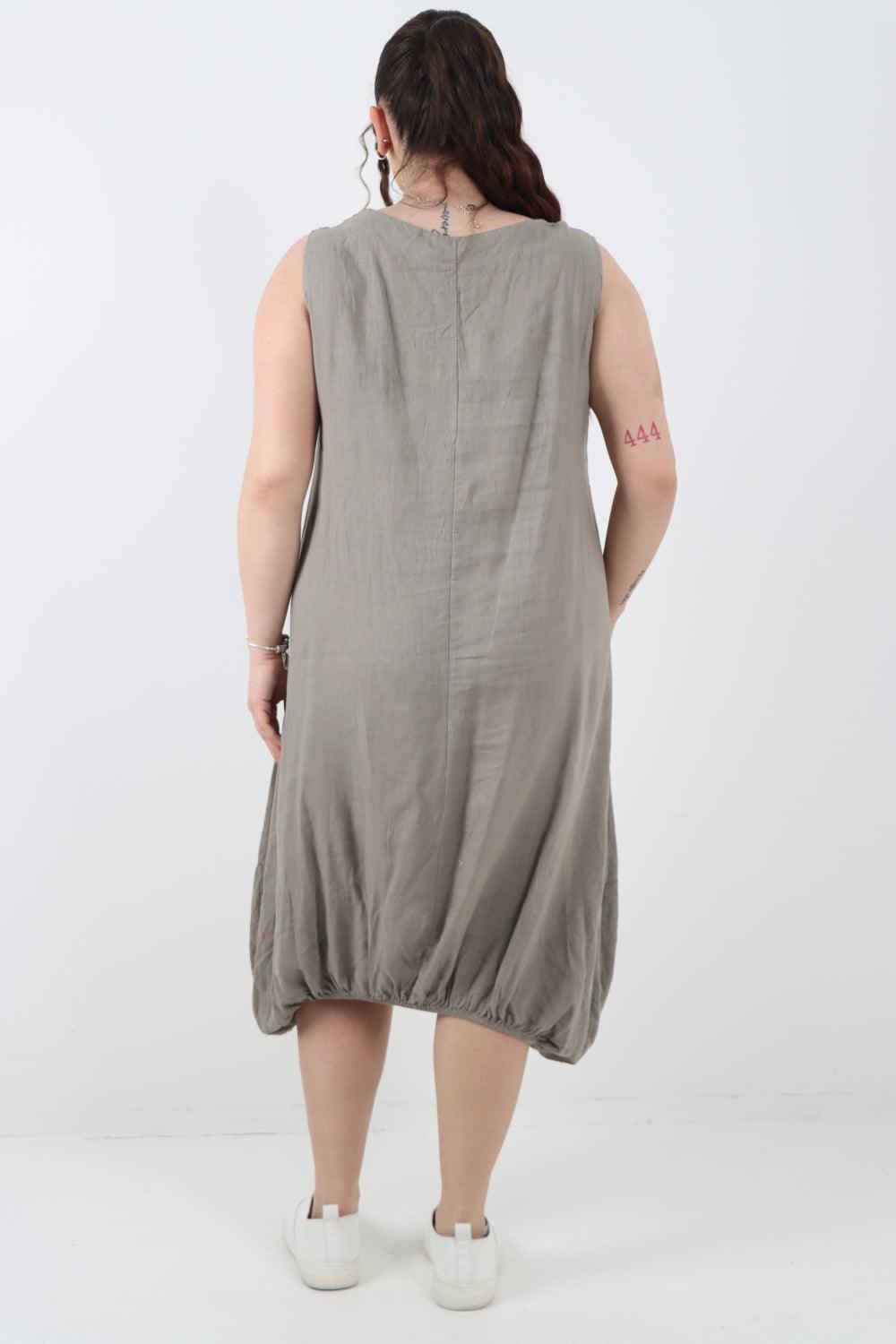 Button Pockets Linen Vest Midi Dress - Lashra Fashion