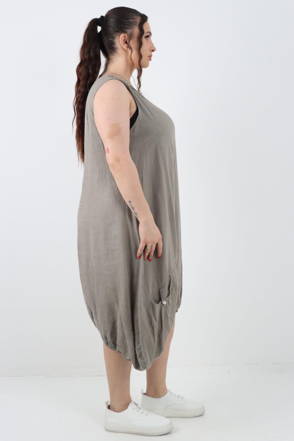 Button Pockets Linen Vest Midi Dress - Lashra Fashion