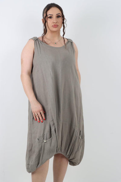 Button Pockets Linen Vest Midi Dress - Lashra Fashion