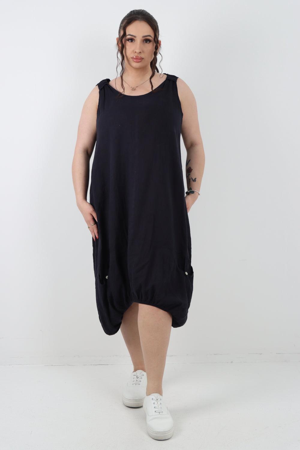 Button Pockets Linen Vest Midi Dress - Lashra Fashion