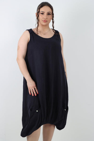 Button Pockets Linen Vest Midi Dress - Lashra Fashion