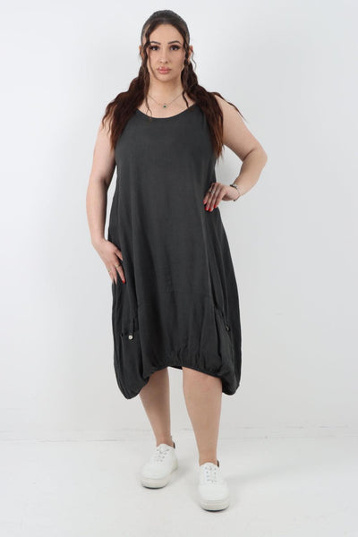 Button Pockets Linen Vest Midi Dress - Lashra Fashion