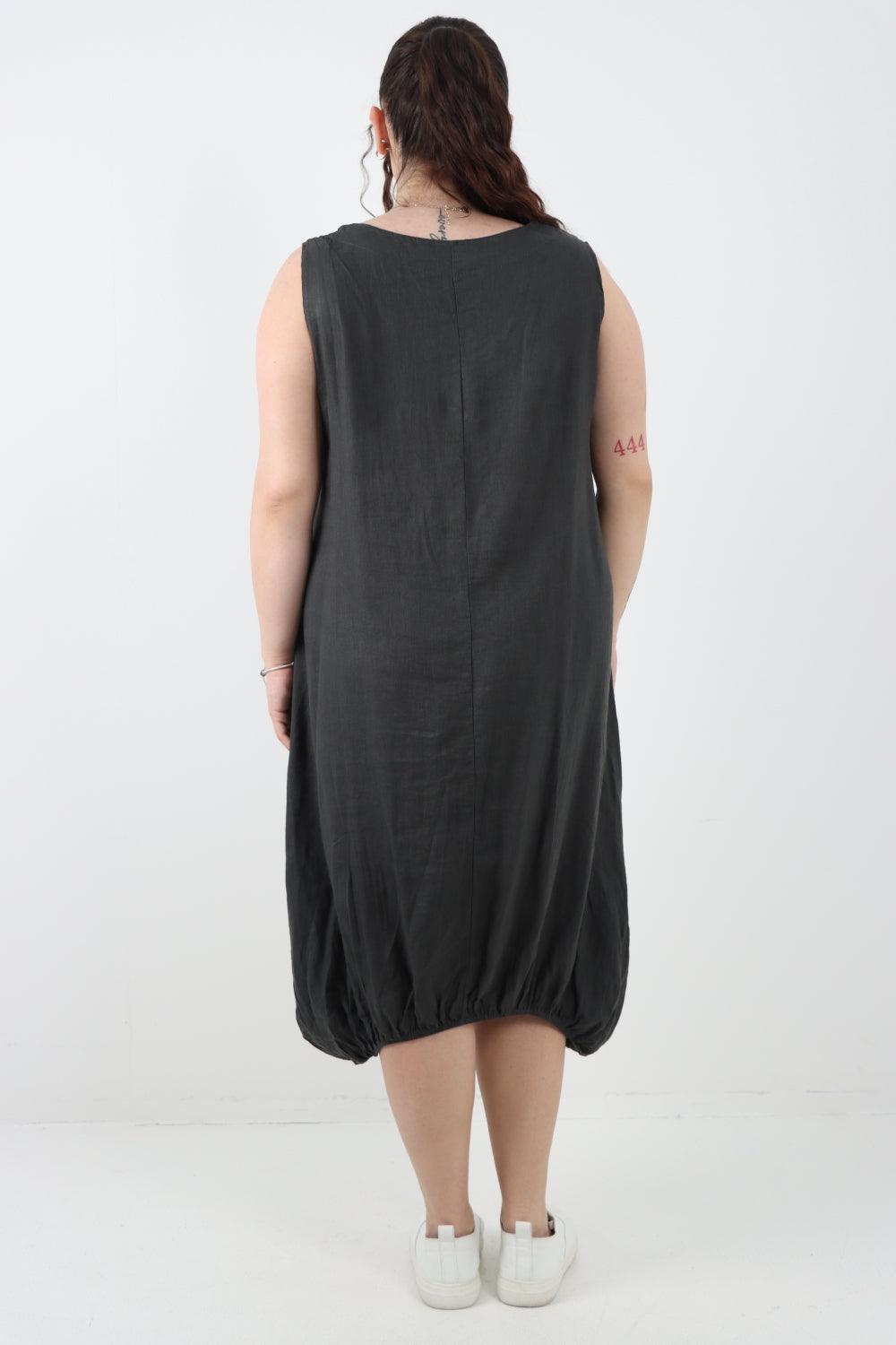 Button Pockets Linen Vest Midi Dress - Lashra Fashion