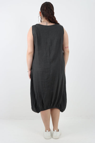 Button Pockets Linen Vest Midi Dress - Lashra Fashion