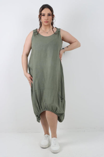 Button Pockets Linen Vest Midi Dress - Lashra Fashion