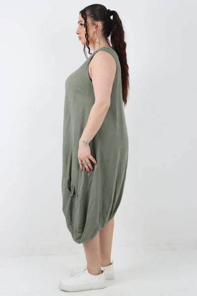 Button Pockets Linen Vest Midi Dress - Lashra Fashion