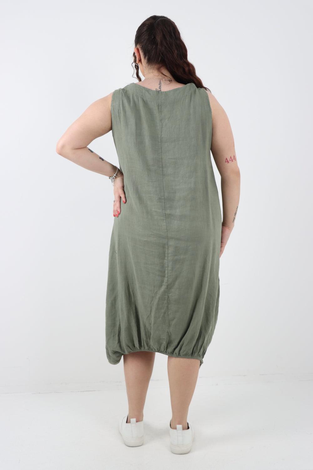 Button Pockets Linen Vest Midi Dress - Lashra Fashion