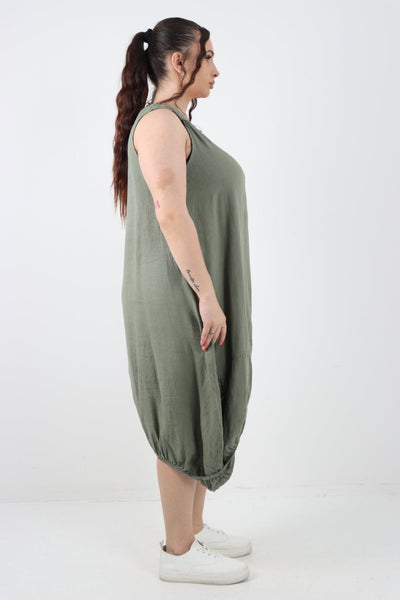 Button Pockets Linen Vest Midi Dress - Lashra Fashion