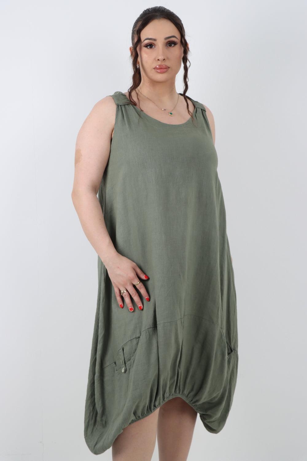 Button Pockets Linen Vest Midi Dress - Lashra Fashion