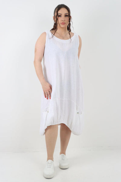 Button Pockets Linen Vest Midi Dress - Lashra Fashion