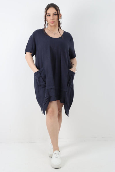 Panel Hem Front Pocket Linen Dress - Lashra Fashion