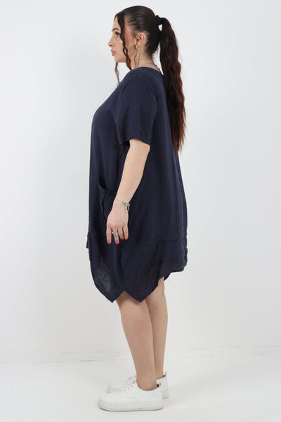 Panel Hem Front Pocket Linen Dress - Lashra Fashion