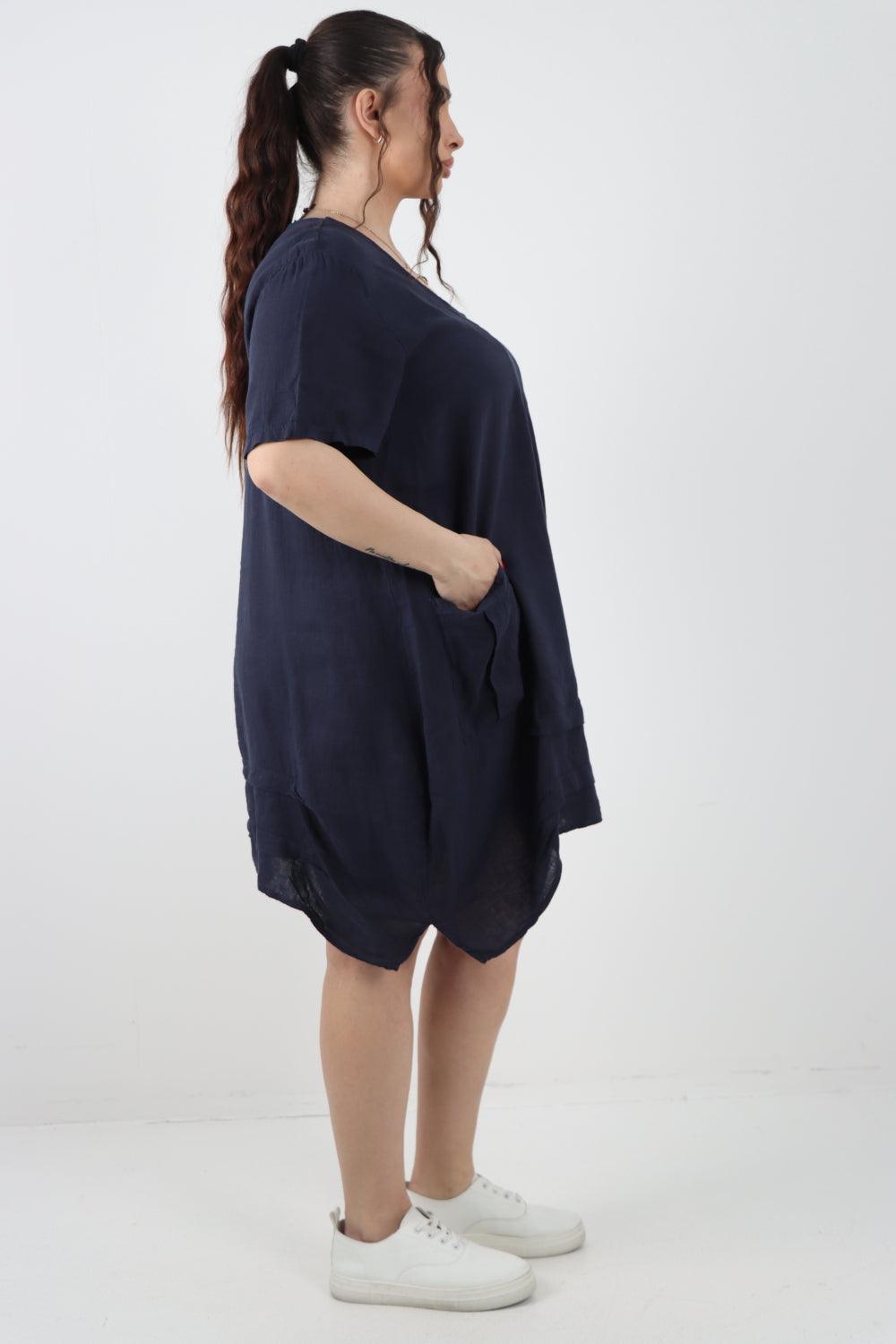 Panel Hem Front Pocket Linen Dress - Lashra Fashion