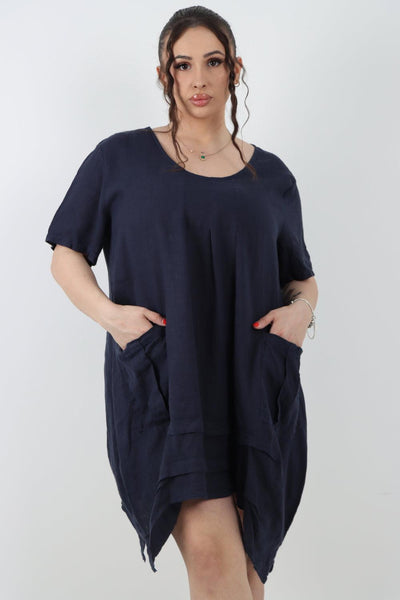 Panel Hem Front Pocket Linen Dress - Lashra Fashion