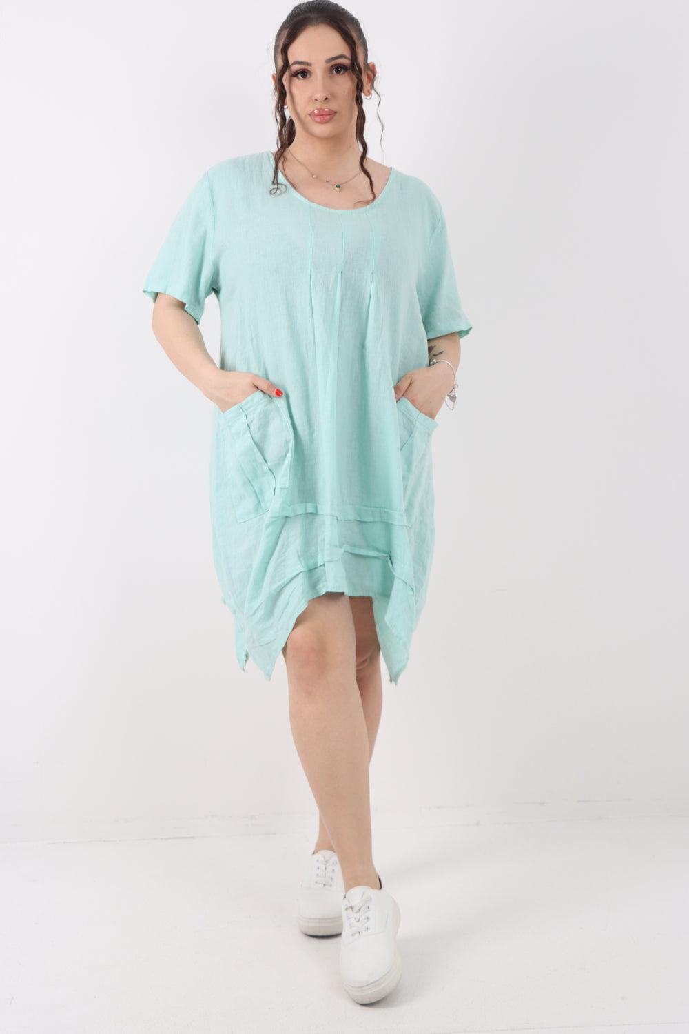 Panel Hem Front Pocket Linen Dress - Lashra Fashion